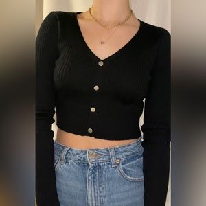 Say What black stretchy cropped sweater Size M Silver FAUX 4 button up, V Neck